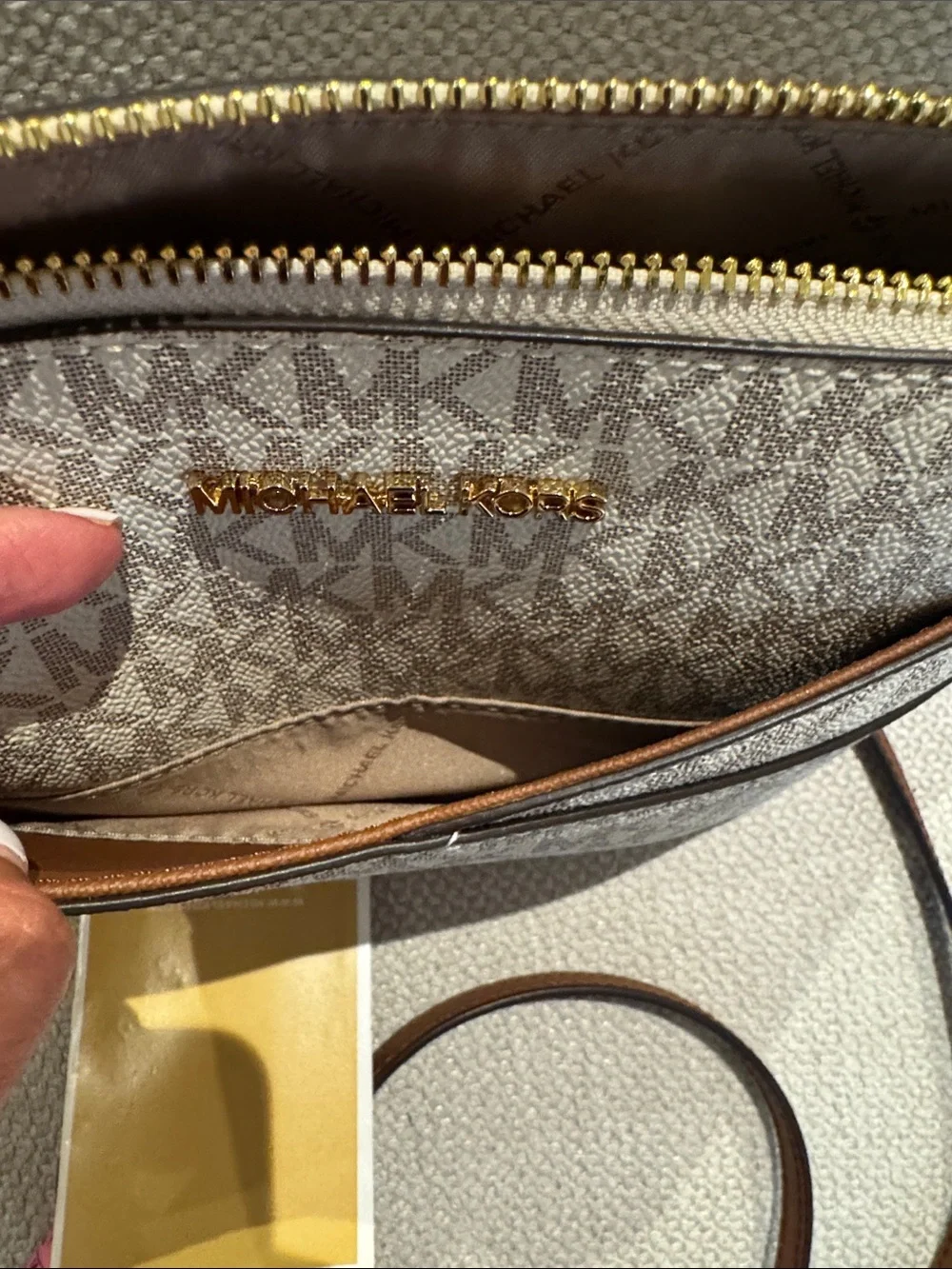 Michael Kors Beige Logo Crossbody with Brown Strap and Gold Hardware